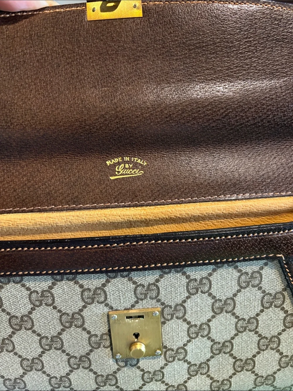 Gucci Beige GG Supreme Envelope Clutch with Brown Leather Trim